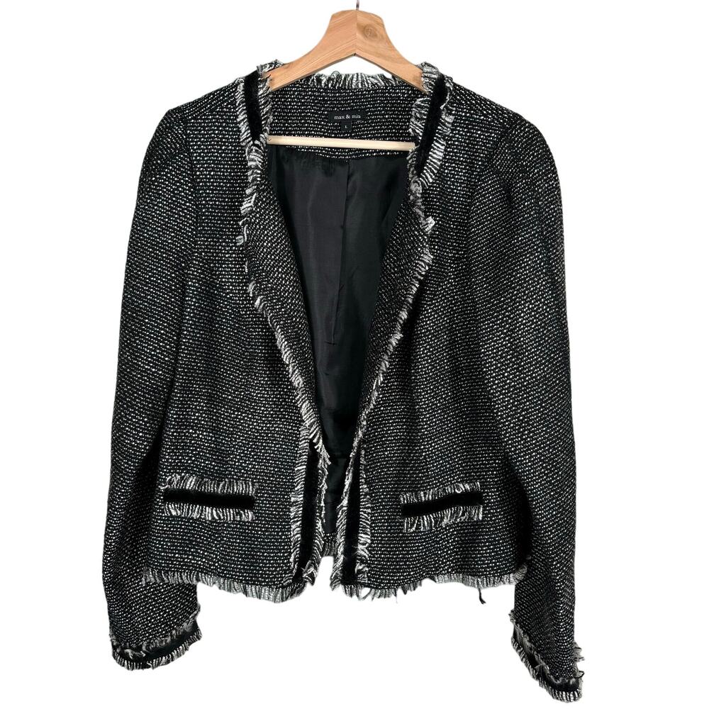 Max & Mia Tweed Blazer Womens Large Black White Excellent‎ Frayed Fringe Trim